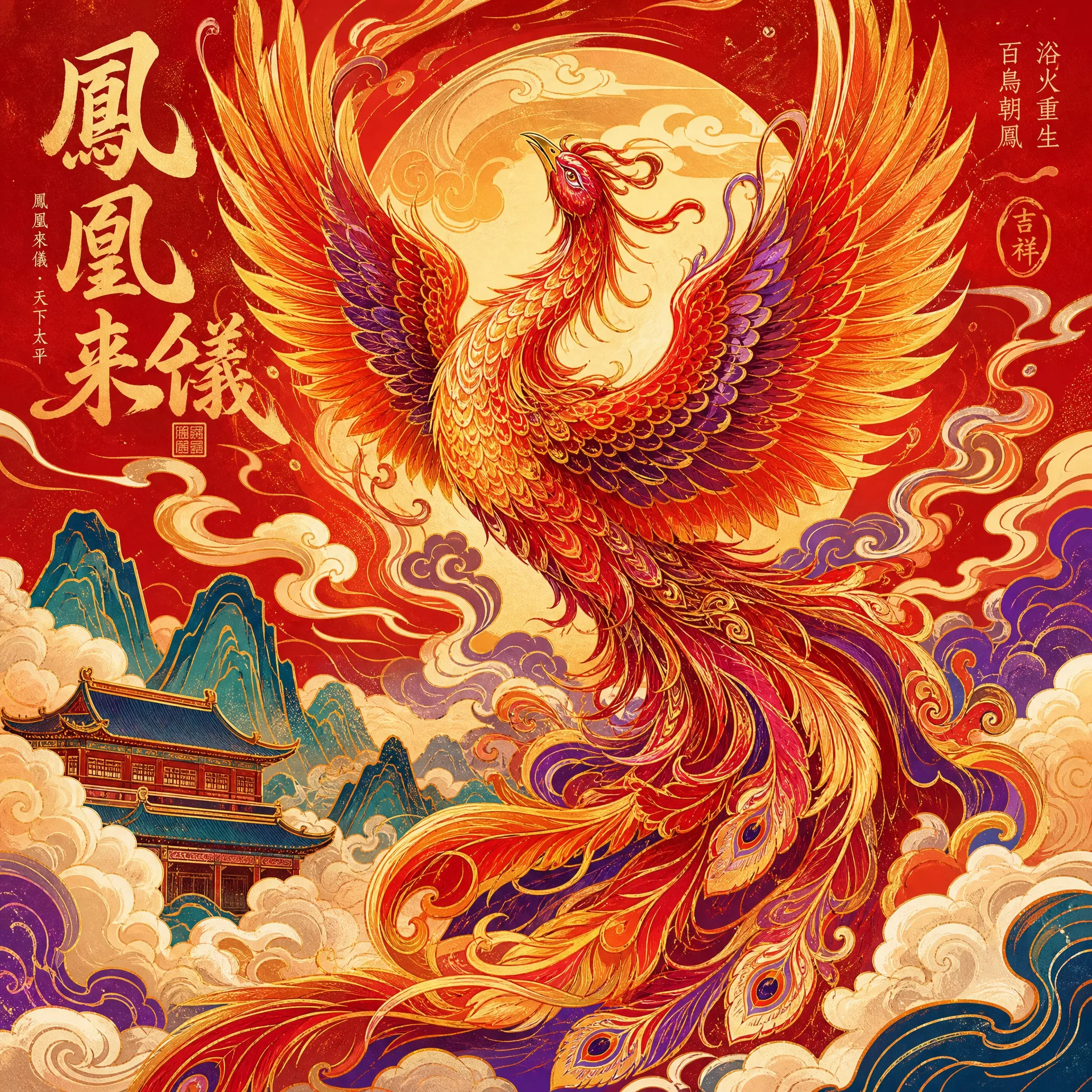 国潮风格凤凰祥云中国﻿传统插画